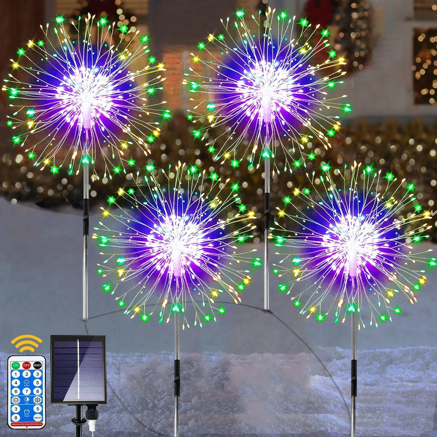 yowin Solar Garden Firework Lights 4 x 120 LED Solar Christmas Decorations, Firefly Garden Stake Lights 8 Modes with Remote, Outdoor Waterproof Starburst Lights for Xmas Pathway Patio - Warm White