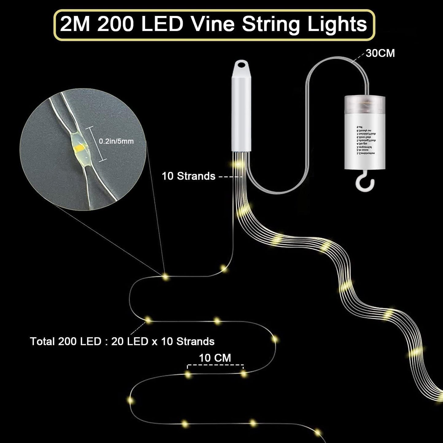 yowin Lichterschweif 2M 200 LED Weihnachtsbeleuchtung mit Batterie, Timer, Fernbedienung, Lichterstrang 8 Modi Wasserfall Lichterkette Wasserdicht Lichterbündel für Weihnachten Baum Außen Innen Deko