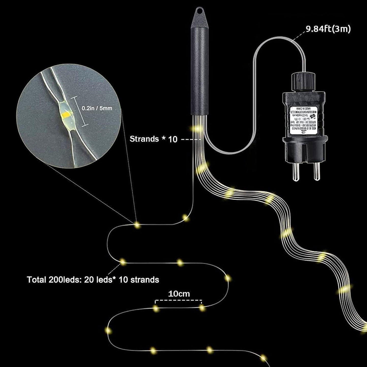 yowin Lichterschweif 1M 100 LED Weihnachtsbeleuchtung mit Strom, Timer, Lichterstrang 8 Modi Wasserfall Lichterkette Wasserdicht Lichterbündel für Weihnachten Baum Balkon Außen Innen Deko - Warmweiß