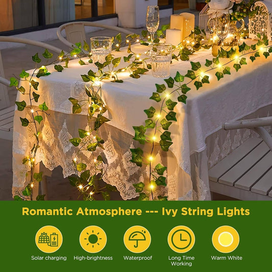yowin Solar Fairy Lights 12M 100 LED Fake Ivy Fairy Lights, 8 Modes Ivy Garland Artificial with Lights, IP65 Waterproof Vine String Lights for Balcony Garden Wall Aesthetic Bedroom Decoration
