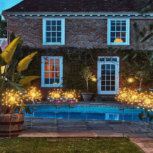 yowin Solar Garden Firework Lights 4 x 120 LED Solar Christmas Decorations, Firefly Garden Stake Lights 8 Modes with Remote, Outdoor Waterproof Starburst Lights for Xmas Pathway Patio - Warm White