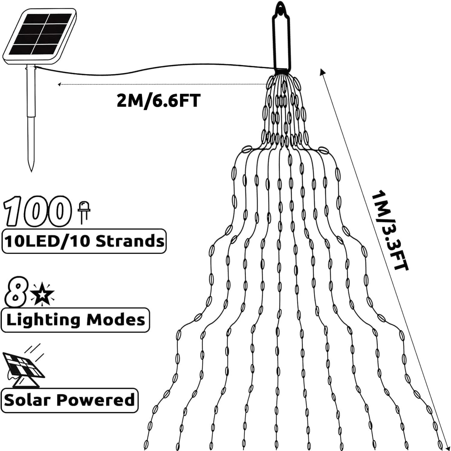 yowin Solar Lichterkette Aussen 1M 100 LED Lichterschweif, Wasserfall Lichterkette 8 Modi Solar Lichterbündel, Wasserdichte Lichterstrang für Gießkanne Pflanzen Terrasse Balkon Garten Deko