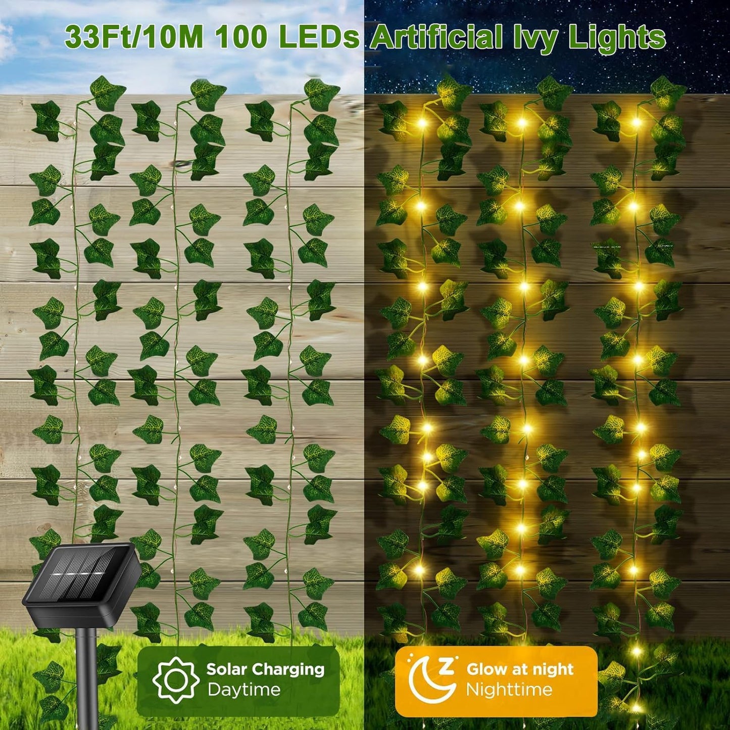 yowin Solar Fairy Lights 12M 100 LED Fake Ivy Fairy Lights, 8 Modes Ivy Garland Artificial with Lights, IP65 Waterproof Vine String Lights for Balcony Garden Wall Aesthetic Bedroom Decoration