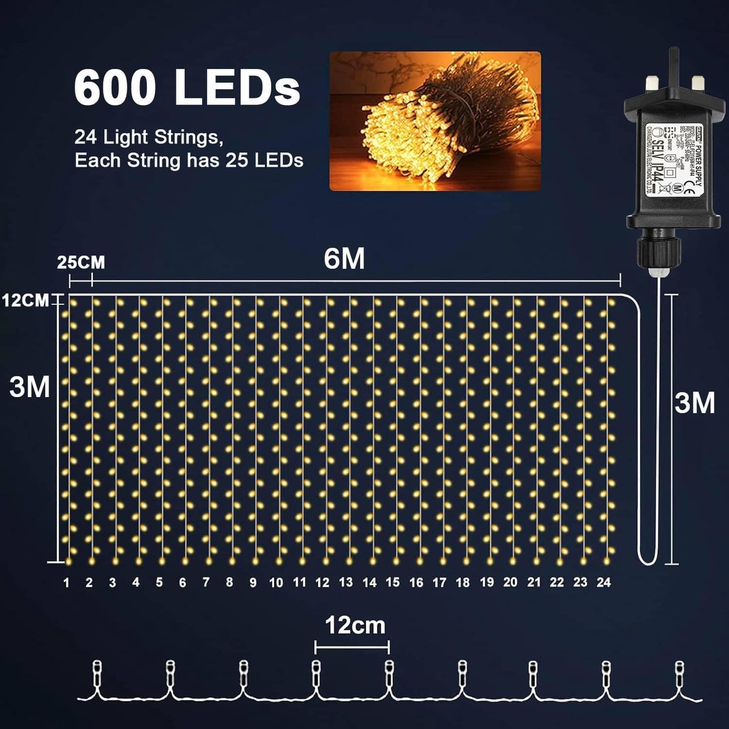 Yowin Curtain Lights 600 LED 6m x 3m Christmas Window Lights, 8 Modes Plug in Curtain Fairy Lights Outdoor Waterproof Waterfall