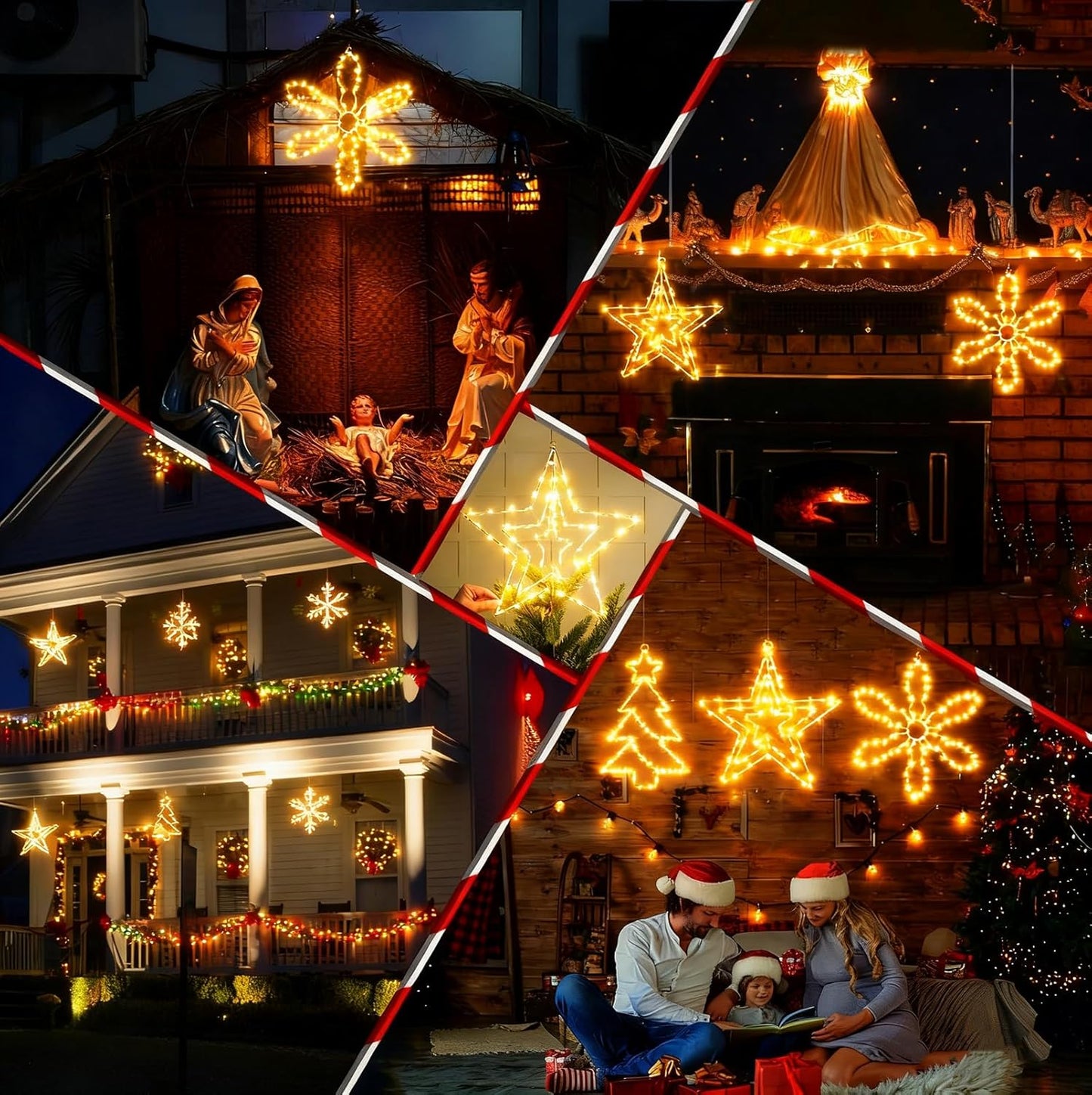 yowin Christmas Window Lights 3 Pack Large Metal Xmas Star Tree Snowflake Lights Battery Operated with Timer, Window Light IP65 Waterproof Hanging LED Star Light for Indoor Outdoor Door Decorations