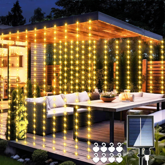 yowin Solar Curtain Lights 3x3M 300 LED Gazebo Lights with Remote, 8 Modes Garden Wall Fairy Lights IP65 Waterproof Pergola Lights, Waterfall Lights for Party Balcony Patio Decorations -Warm White