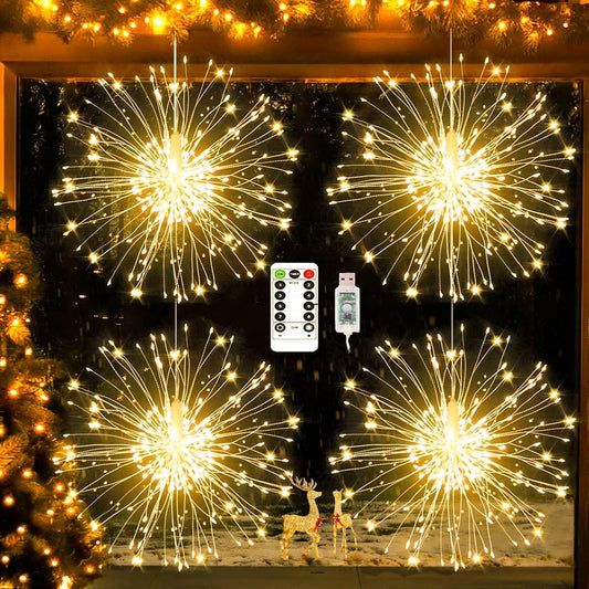 yowin Hanging Christmas Firework Lights 4x120 LED Starburst Lights USB Powered, 8 Modes Waterproof Hanging Ball Lights with Remote for Xmas Porch Roof Outdoor Indoor Window Decorations - Warm White