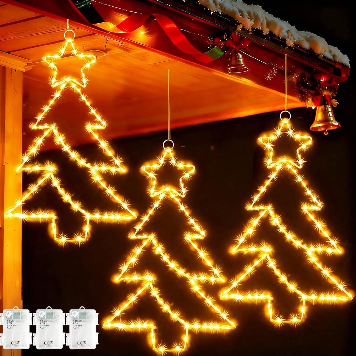 yowin Christmas Window Lights 3 Pack Large Metal Xmas Star Tree Snowflake Lights Battery Operated with Timer, Window Light IP65 Waterproof Hanging LED Star Light for Indoor Outdoor Door Decorations