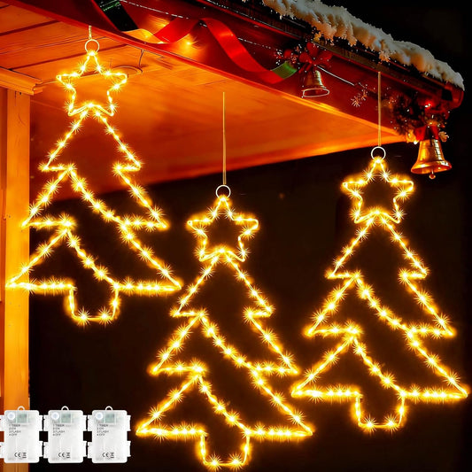 yowin Christmas Window Lights 3 Pack Large Metal Xmas Star Tree Snowflake Lights Battery Operated with Timer, Window Light IP65 Waterproof Hanging LED Star Light for Indoor Outdoor Door Decorations