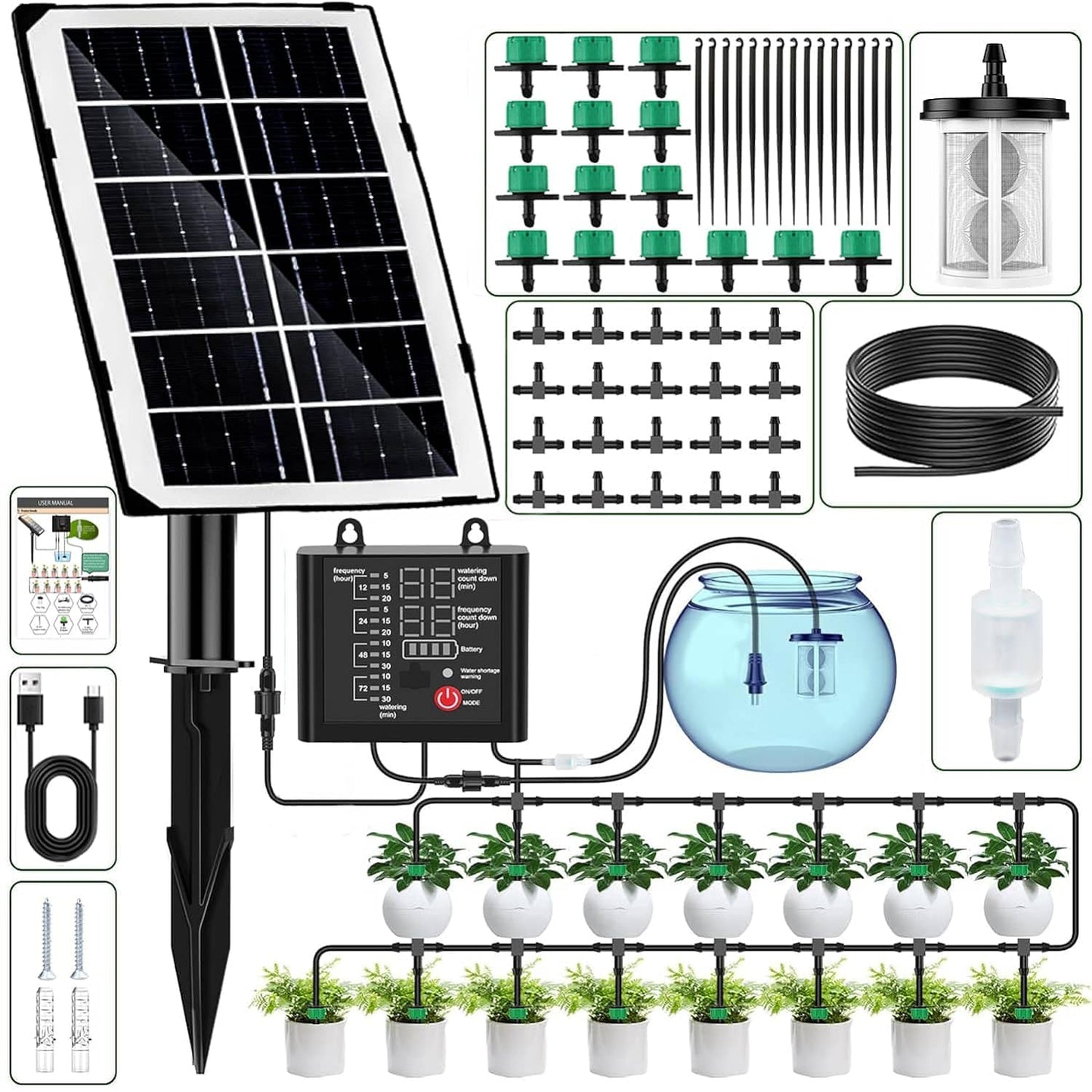 Yowin Solar Irrigation System Automatic Watering System, Anti-siphon Irrigation System kit, 12 Timer Modes Automatic Drip Irrigation
