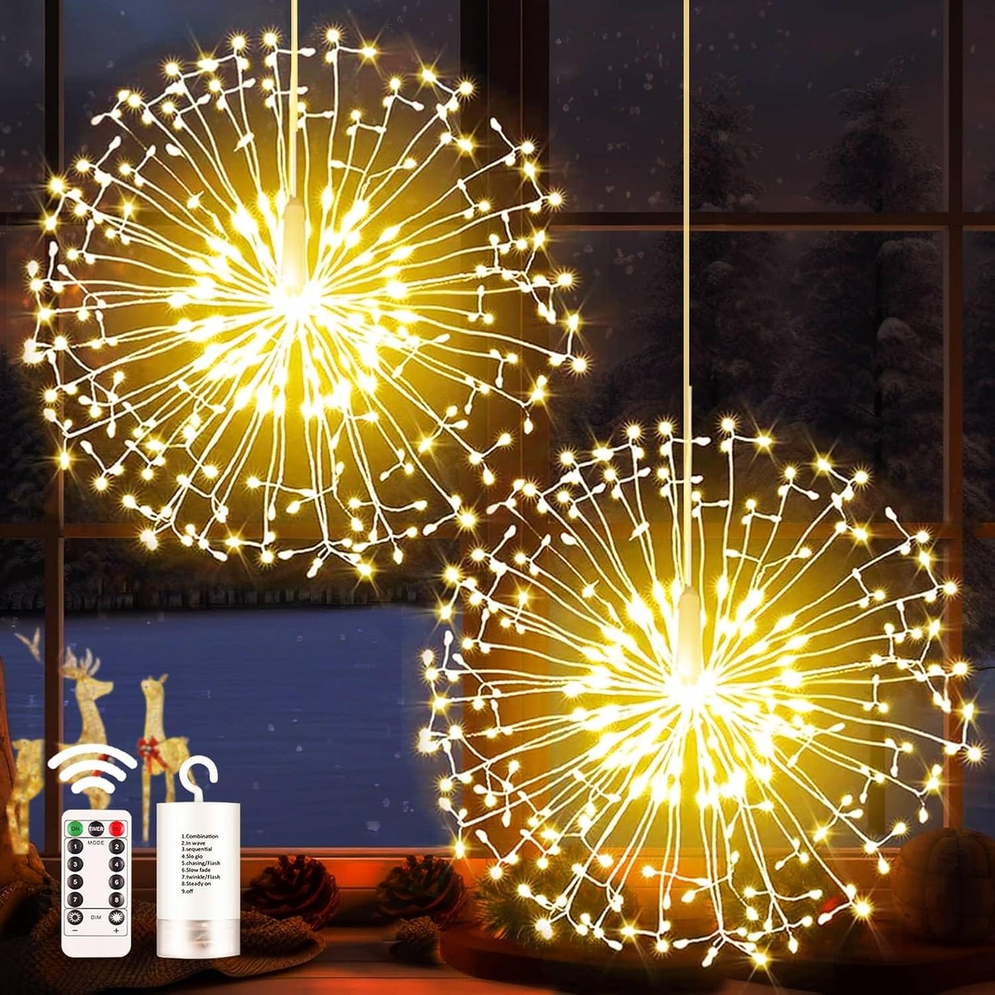 yowin Hanging Christmas Firework Lights 2 Pack 198 LED Starburst Lights Battery Operated, 8 Modes Waterproof Hanging Christmas Ball Lights with Remote for Porch Xmas Tree Outdoor Indoor Decorations