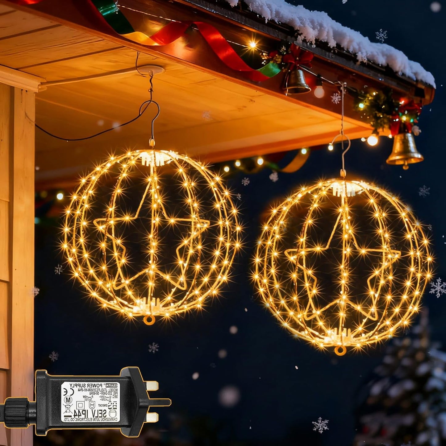 yowin 2 Pack Christmas Star Hanging Ball Lights 30CM 200 LED Plug in Window Lights with Timer, 8 Modes Large Xmas Sphere Light Outdoor Light Up Balls for Door Patio Room Decorations - White Frame