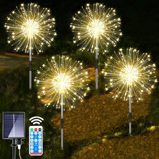 yowin Solar Garden Firework Lights 4 x 120 LED Solar Christmas Decorations, Firefly Garden Stake Lights 8 Modes with Remote, Outdoor Waterproof Starburst Lights for Xmas Pathway Patio - Warm White