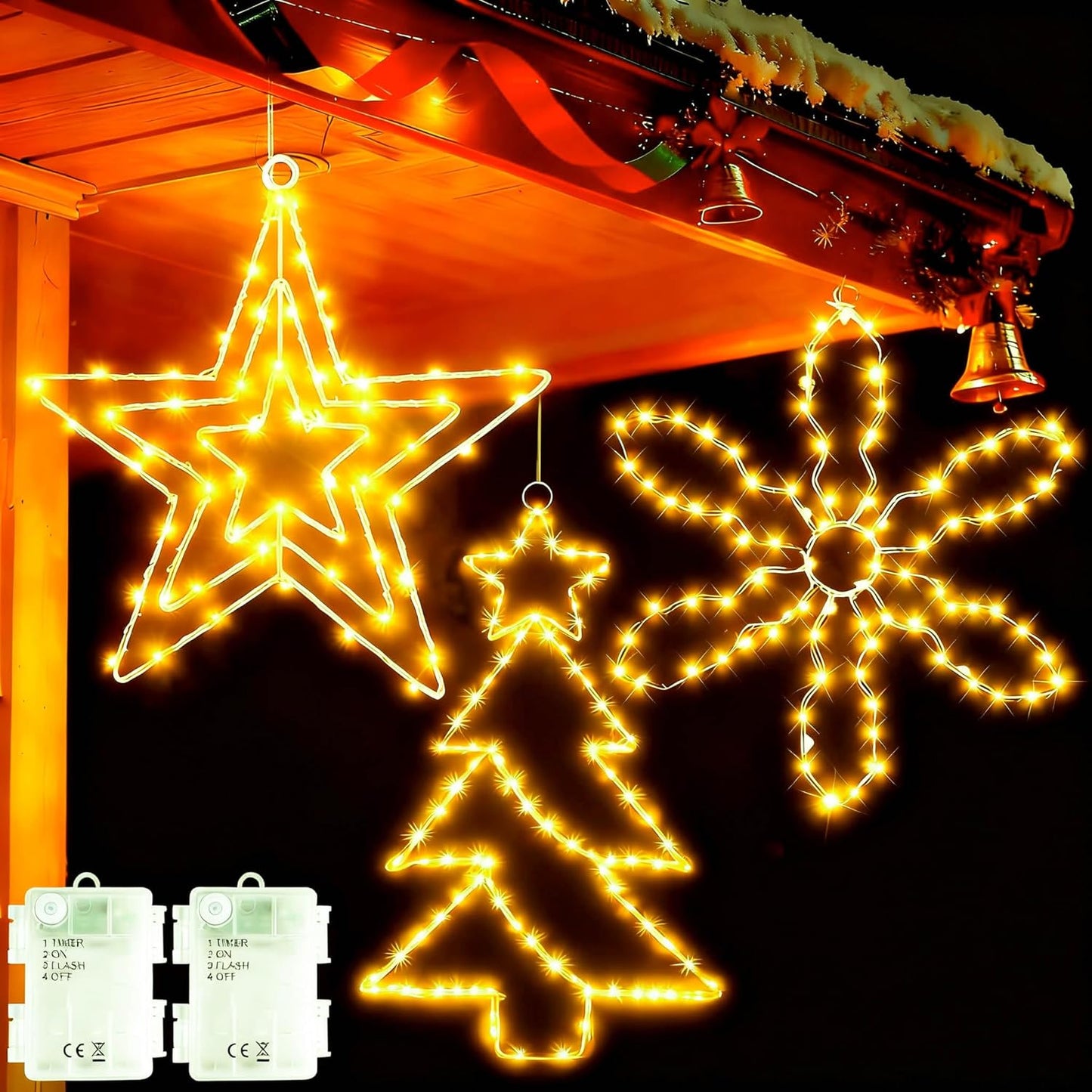 yowin Christmas Window Lights 3 Pack Large Metal Xmas Star Tree Snowflake Lights Battery Operated with Timer, Window Light IP65 Waterproof Hanging LED Star Light for Indoor Outdoor Door Decorations
