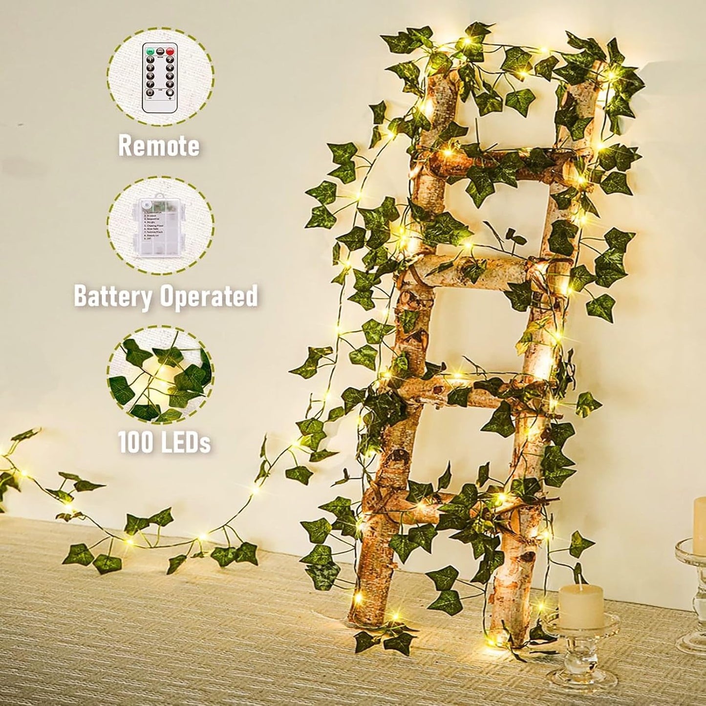 yowin Ivy Fairy Lights 10M 100 LED Fake Vines with Lights Battery Operated for Bedroom Aesthetic, 8 Modes Ivy Garland Artificial Lights Wite Remote, Waterproof Leaf Lights for Christmas Wall Balcony