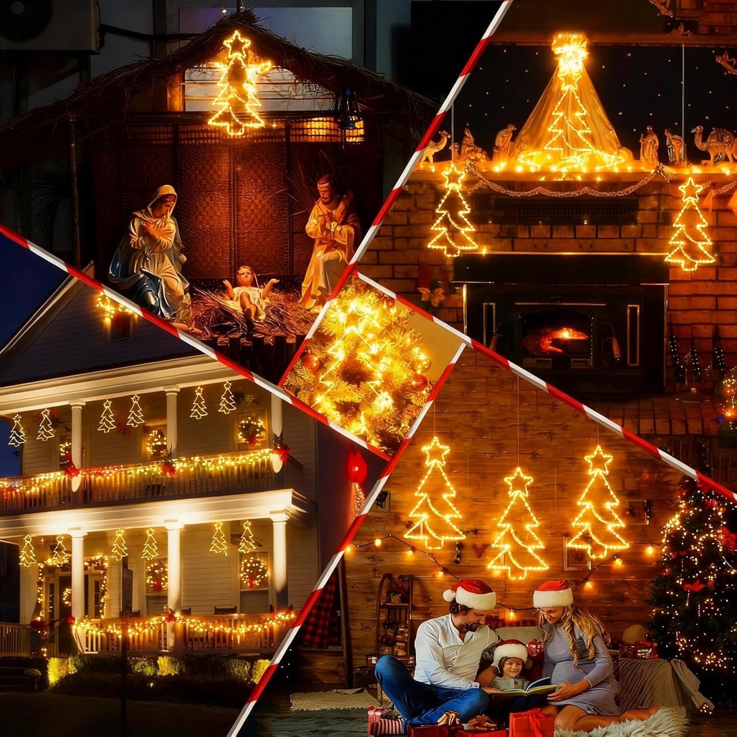 yowin Christmas Window Lights 3 Pack Large Metal Xmas Star Tree Snowflake Lights Battery Operated with Timer, Window Light IP65 Waterproof Hanging LED Star Light for Indoor Outdoor Door Decorations