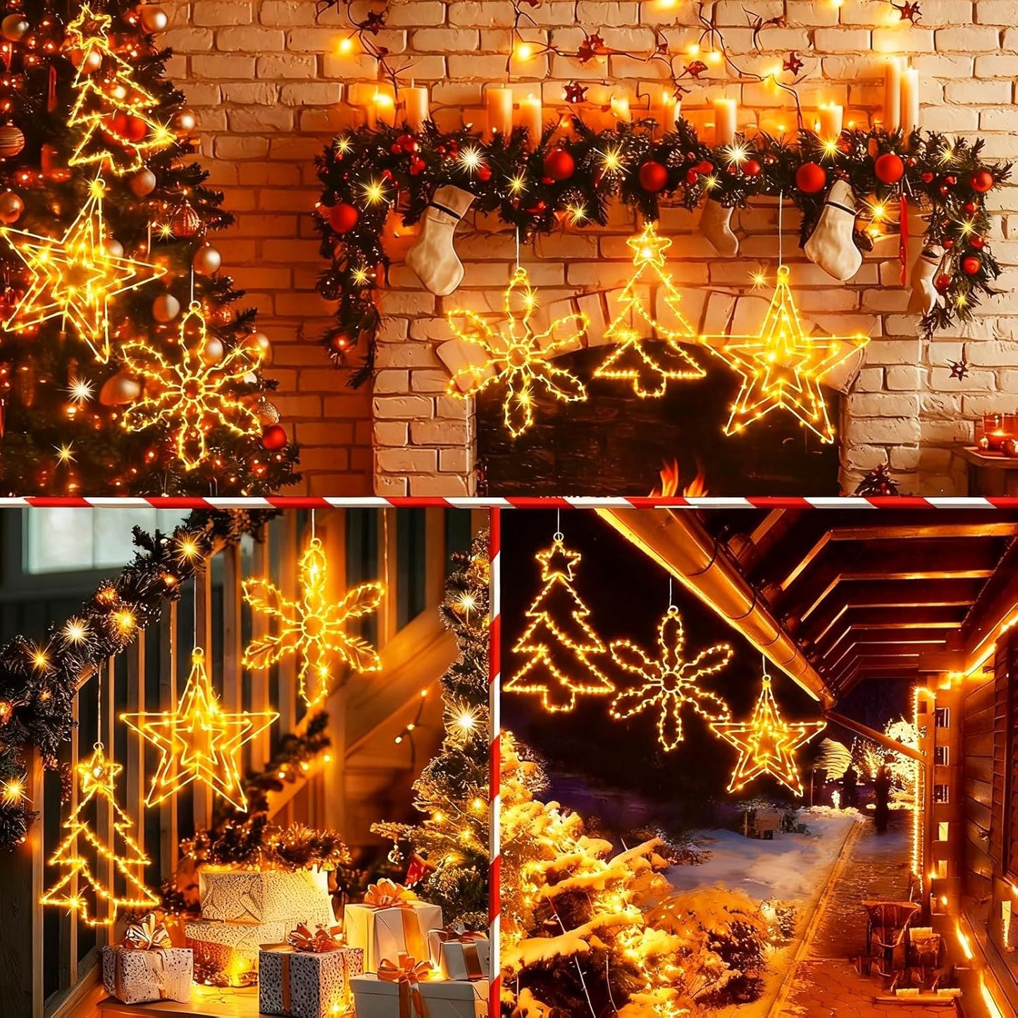 yowin Christmas Window Lights 3 Pack Large Metal Xmas Star Tree Snowflake Lights Battery Operated with Timer, Window Light IP65 Waterproof Hanging LED Star Light for Indoor Outdoor Door Decorations