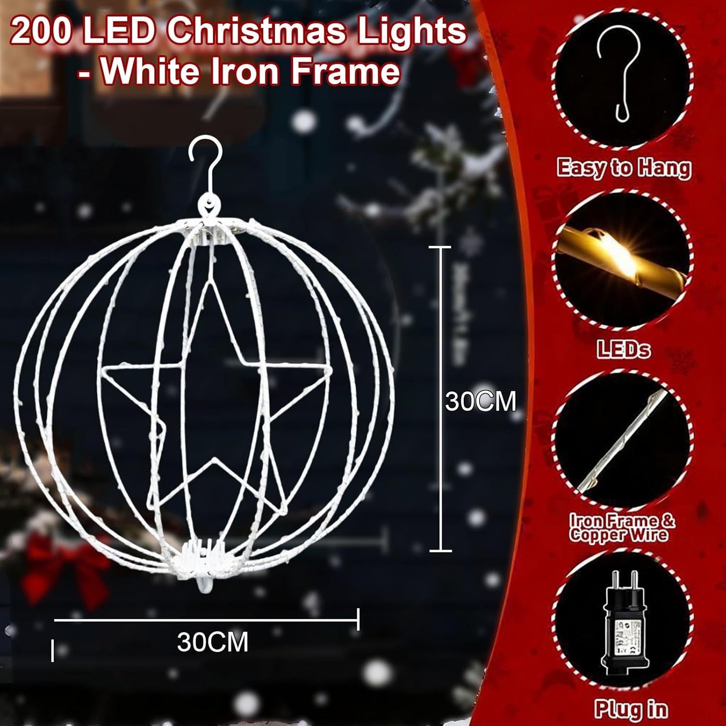 yowin 2 Pack Christmas Star Hanging Ball Lights 30CM 200 LED Plug in Window Lights with Timer, 8 Modes Large Xmas Sphere Light Outdoor Light Up Balls for Door Patio Room Decorations - White Frame