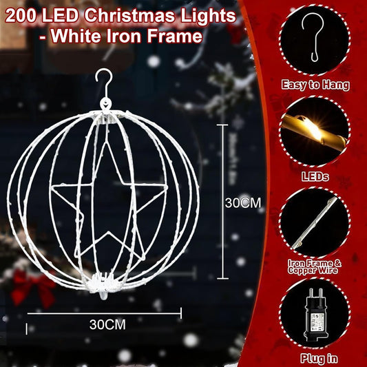 yowin 2 Pack Christmas Star Hanging Ball Lights 30CM 200 LED Plug in Window Lights with Timer, 8 Modes Large Xmas Sphere Light Outdoor Light Up Balls for Door Patio Room Decorations - White Frame