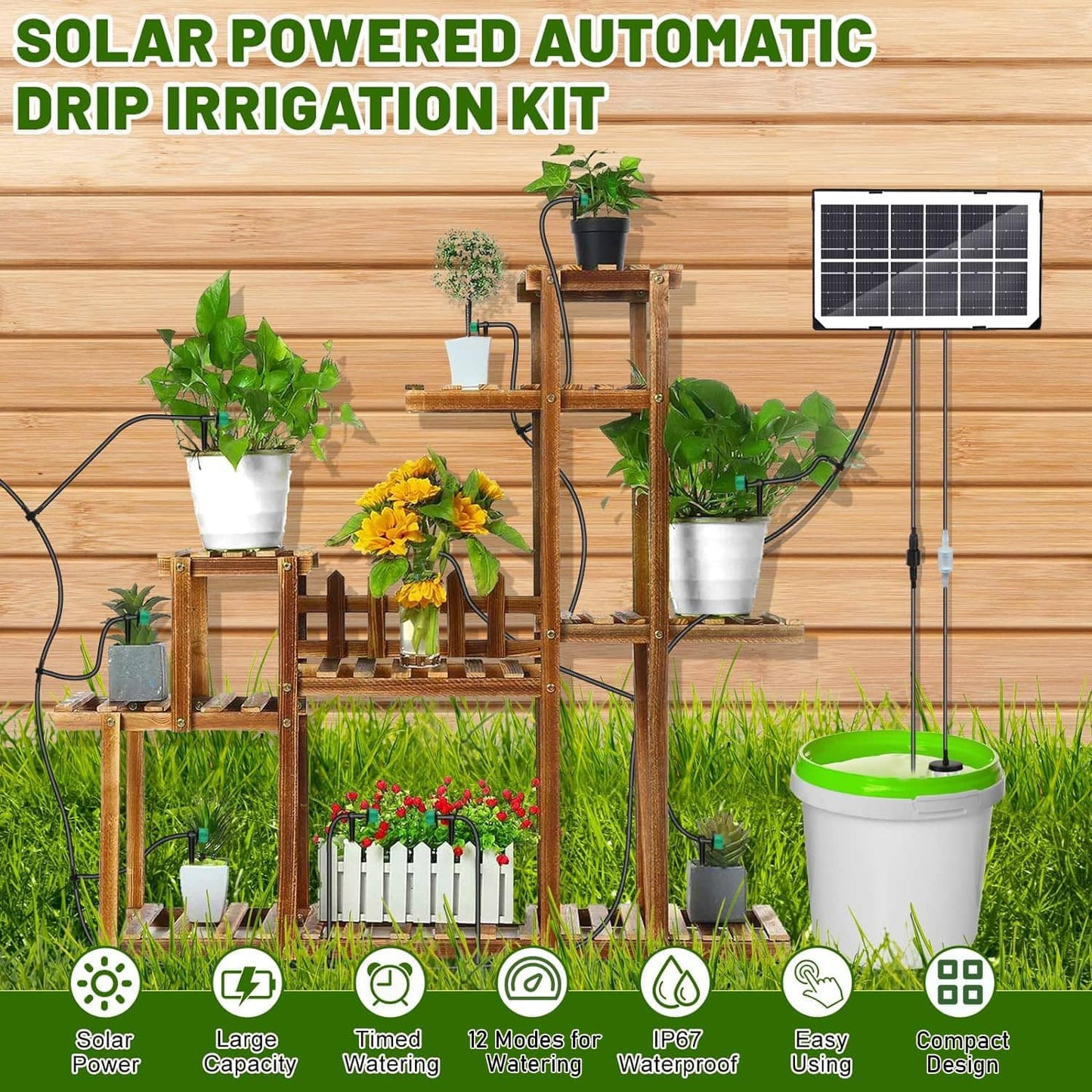 Yowin Solar Irrigation System Automatic Watering System, Anti-siphon Irrigation System kit, 12 Timer Modes Automatic Drip Irrigation