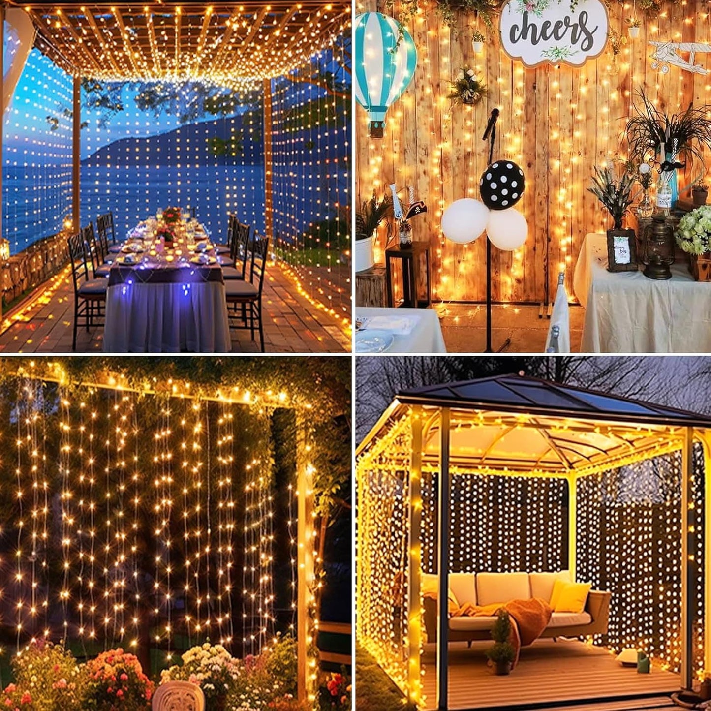 yowin Solar Curtain Lights 3x3M 300 LED Gazebo Lights with Remote, 8 Modes Garden Wall Fairy Lights IP65 Waterproof Pergola Lights, Waterfall Lights for Party Balcony Patio Decorations -Warm White