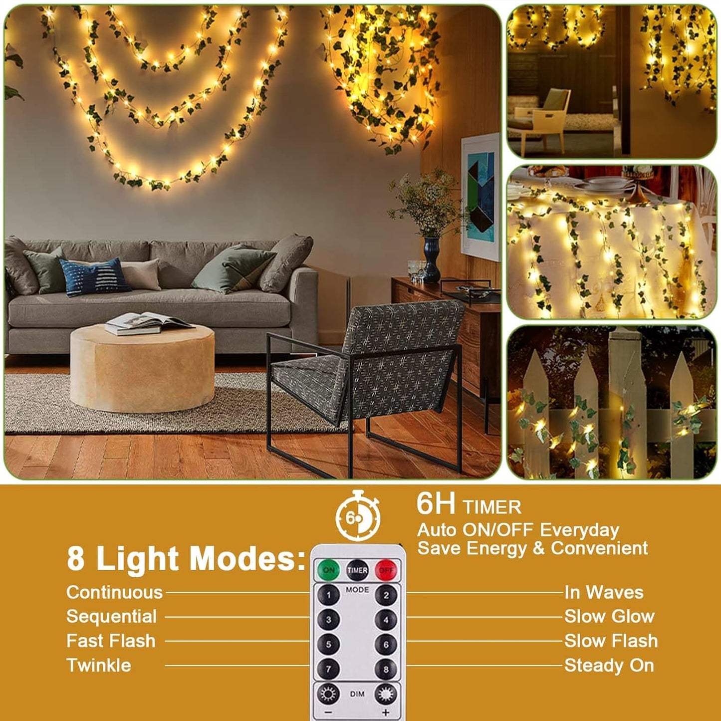 yowin Ivy Fairy Lights 10M 100 LED Fake Vines with Lights Battery Operated for Bedroom Aesthetic, 8 Modes Ivy Garland Artificial Lights Wite Remote, Waterproof Leaf Lights for Christmas Wall Balcony