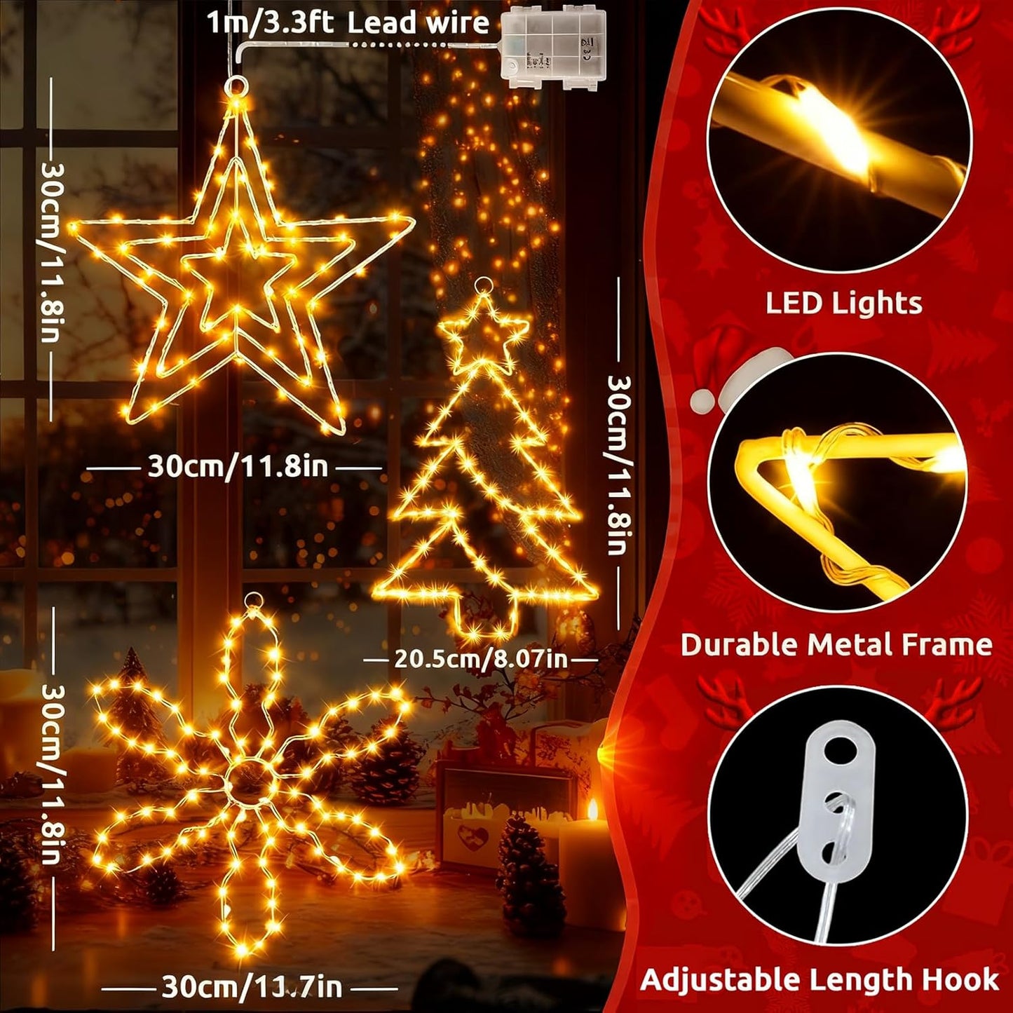 yowin Christmas Window Lights 3 Pack Large Metal Xmas Star Tree Snowflake Lights Battery Operated with Timer, Window Light IP65 Waterproof Hanging LED Star Light for Indoor Outdoor Door Decorations