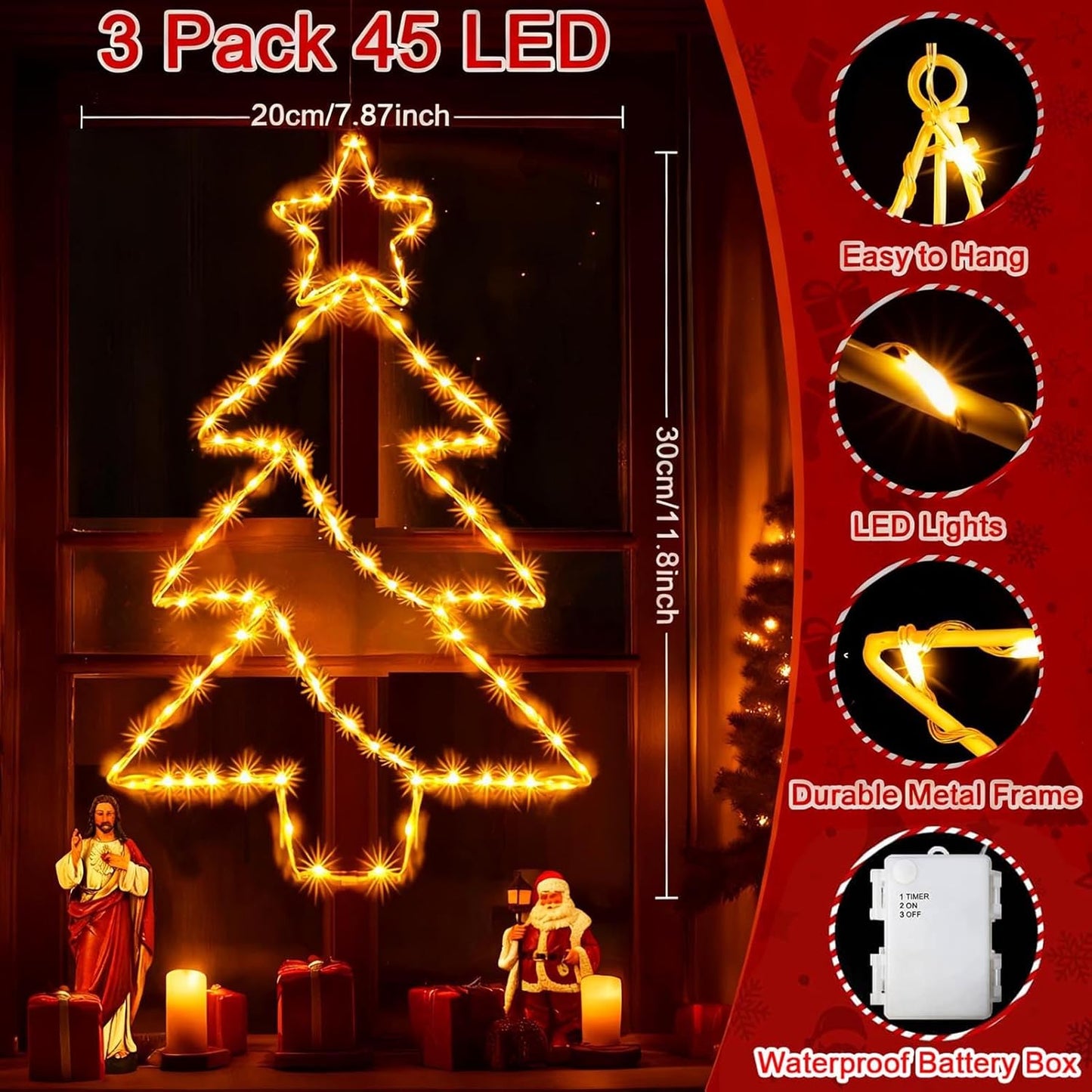 yowin Christmas Window Lights 3 Pack Large Metal Xmas Star Tree Snowflake Lights Battery Operated with Timer, Window Light IP65 Waterproof Hanging LED Star Light for Indoor Outdoor Door Decorations