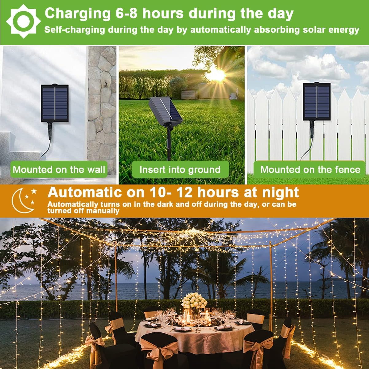 yowin Solar Curtain Lights 3x3M 300 LED Gazebo Lights with Remote, 8 Modes Garden Wall Fairy Lights IP65 Waterproof Pergola Lights, Waterfall Lights for Party Balcony Patio Decorations -Warm White