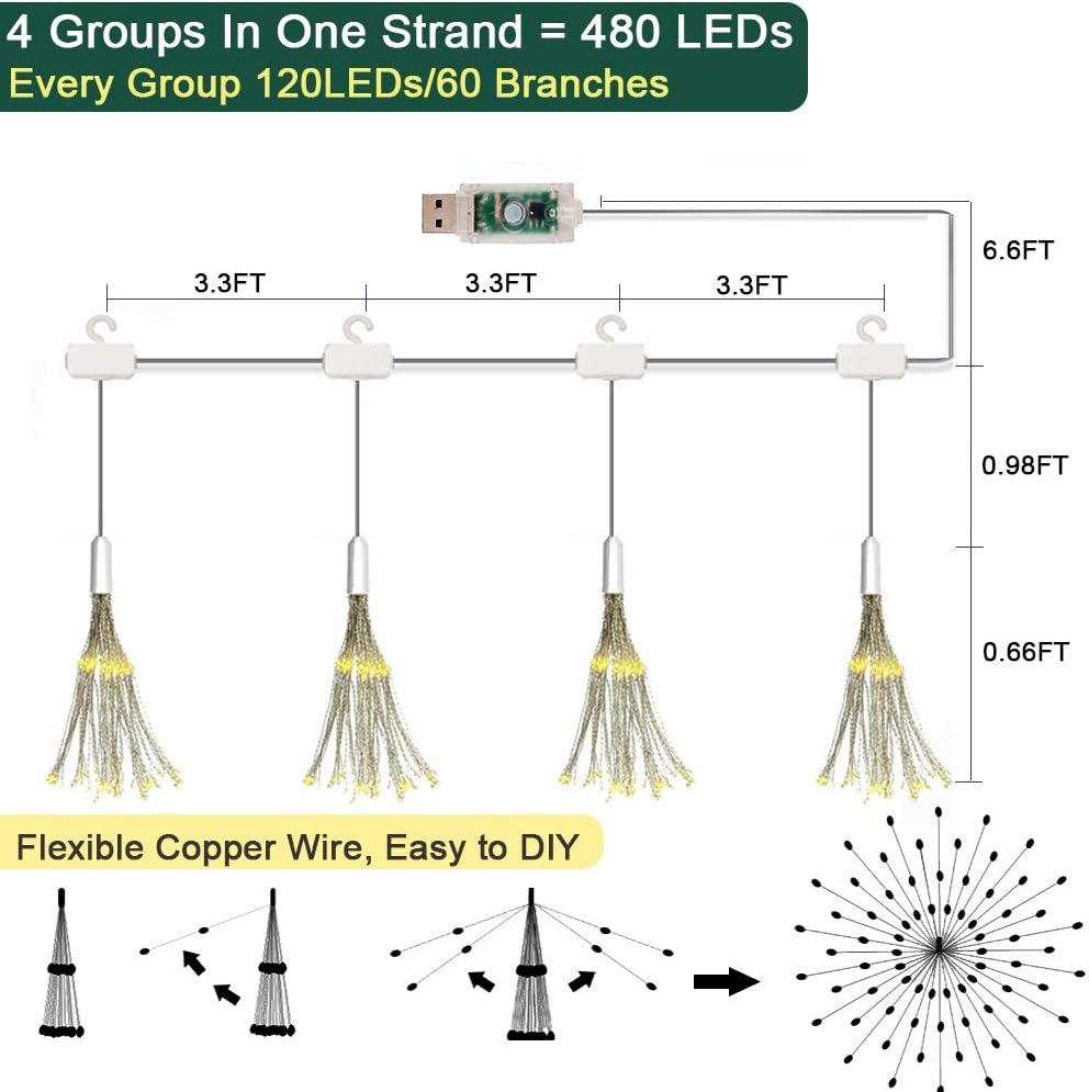 yowin Hanging Christmas Firework Lights 4x120 LED Starburst Lights USB Powered, 8 Modes Waterproof Hanging Ball Lights with Remote for Xmas Porch Roof Outdoor Indoor Window Decorations - Warm White