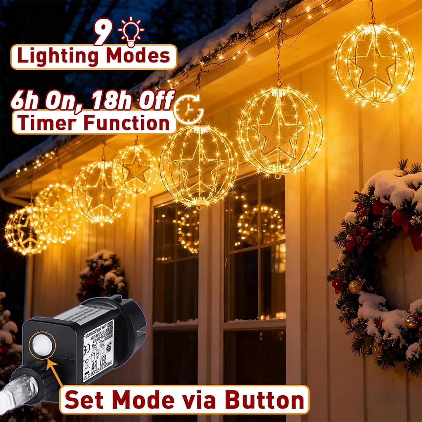yowin 2 Pack Christmas Star Hanging Ball Lights 30CM 200 LED Plug in Window Lights with Timer, 8 Modes Large Xmas Sphere Light Outdoor Light Up Balls for Door Patio Room Decorations - White Frame