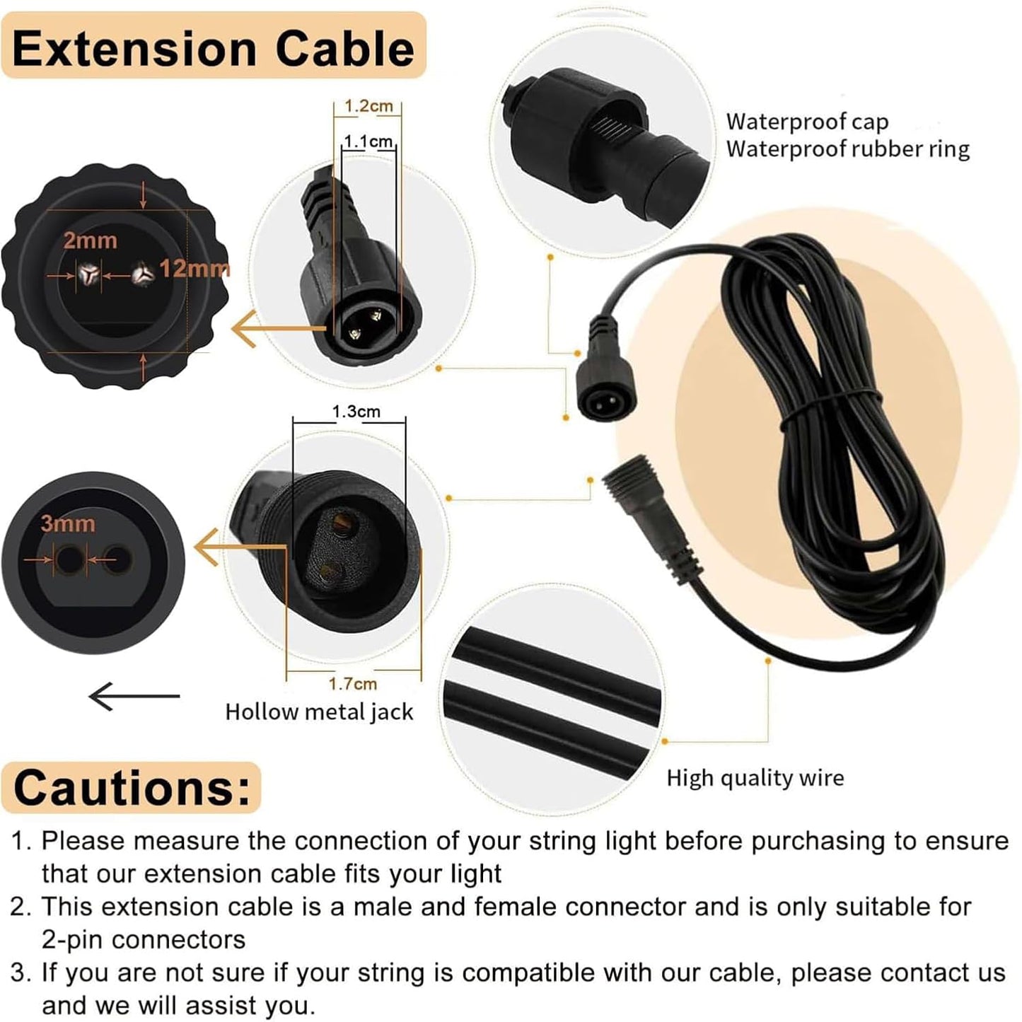 yowin Christmas Light Extension Cable 3M/9.8FT Fairy Light Extension Lead, 2 Pin Christmas Lights Connector Waterproof Outdoor Lights Extension Cord for Xmas Tree Lights, String Lights