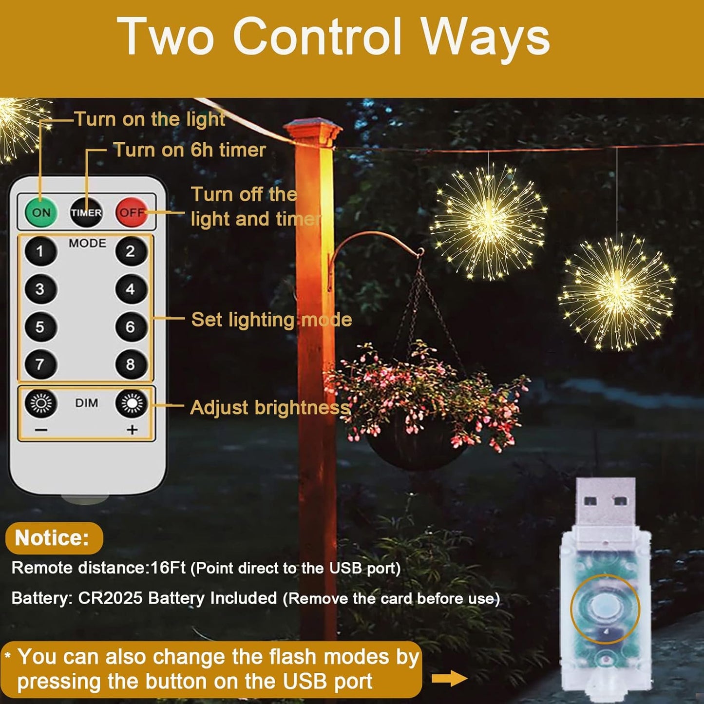 yowin Hanging Christmas Firework Lights 4x120 LED Starburst Lights USB Powered, 8 Modes Waterproof Hanging Ball Lights with Remote for Xmas Porch Roof Outdoor Indoor Window Decorations - Warm White