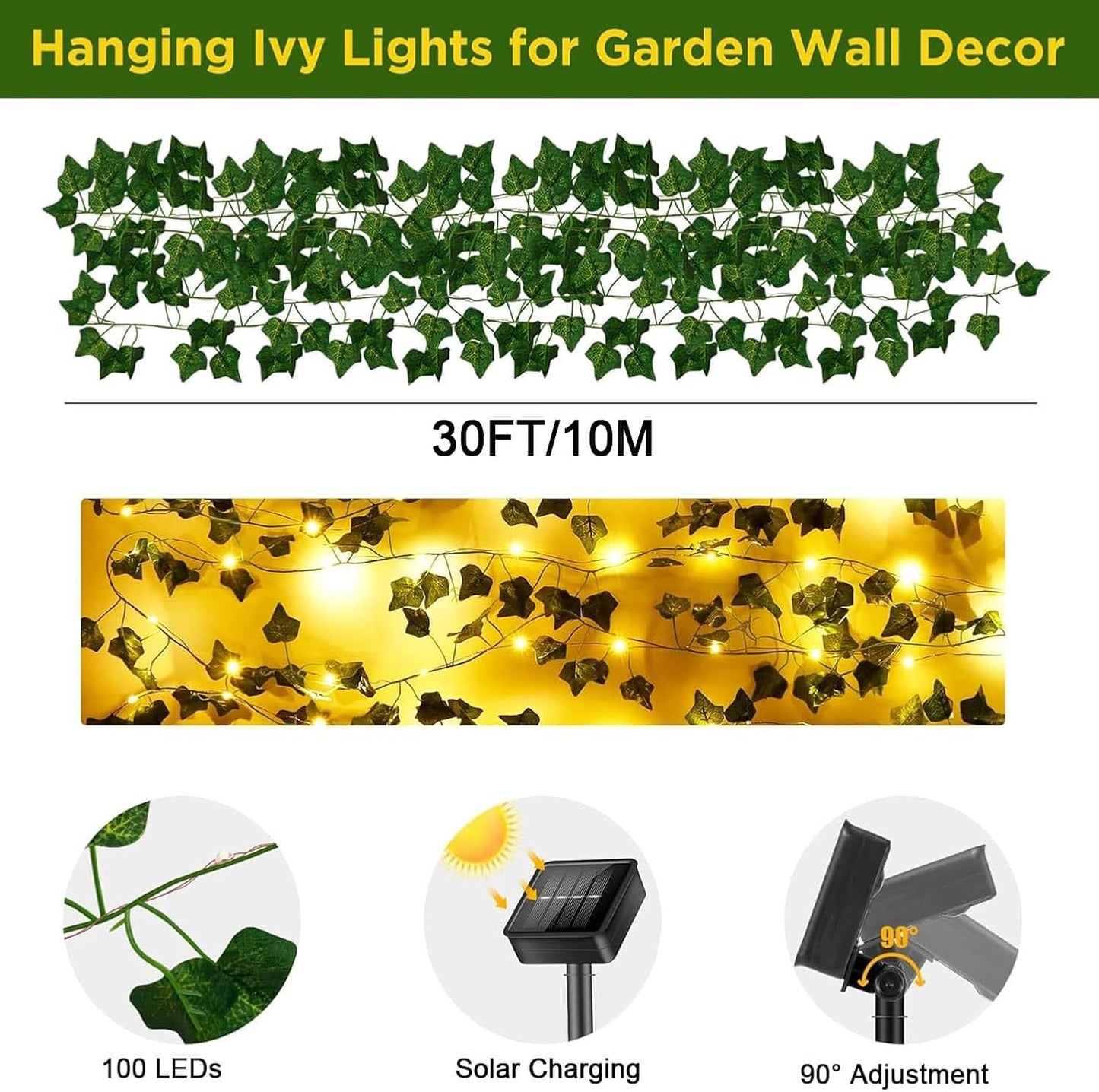yowin Solar Fairy Lights 12M 100 LED Fake Ivy Fairy Lights, 8 Modes Ivy Garland Artificial with Lights, IP65 Waterproof Vine String Lights for Balcony Garden Wall Aesthetic Bedroom Decoration