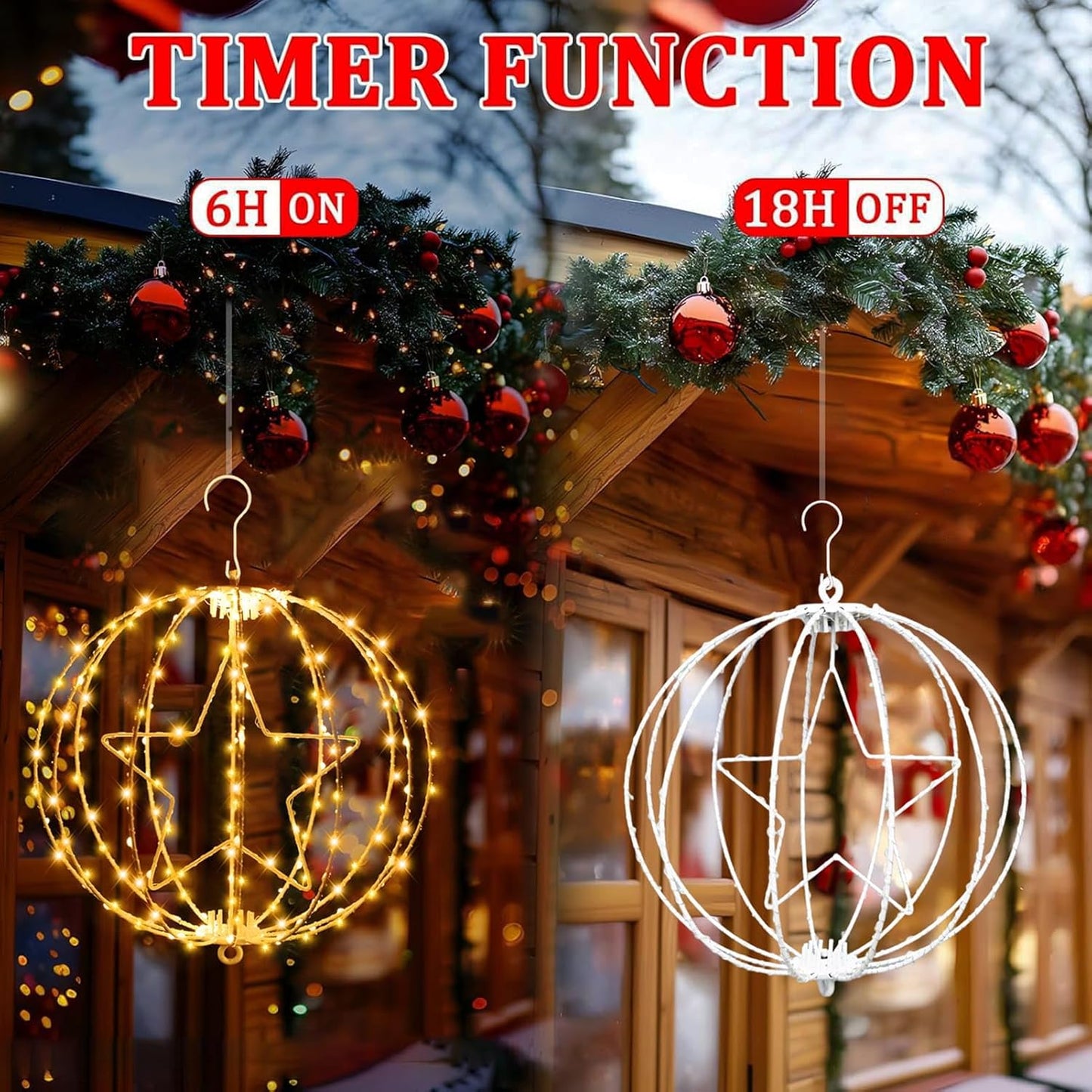 yowin 2 Pack Christmas Star Hanging Ball Lights 30CM 200 LED Plug in Window Lights with Timer, 8 Modes Large Xmas Sphere Light Outdoor Light Up Balls for Door Patio Room Decorations - White Frame