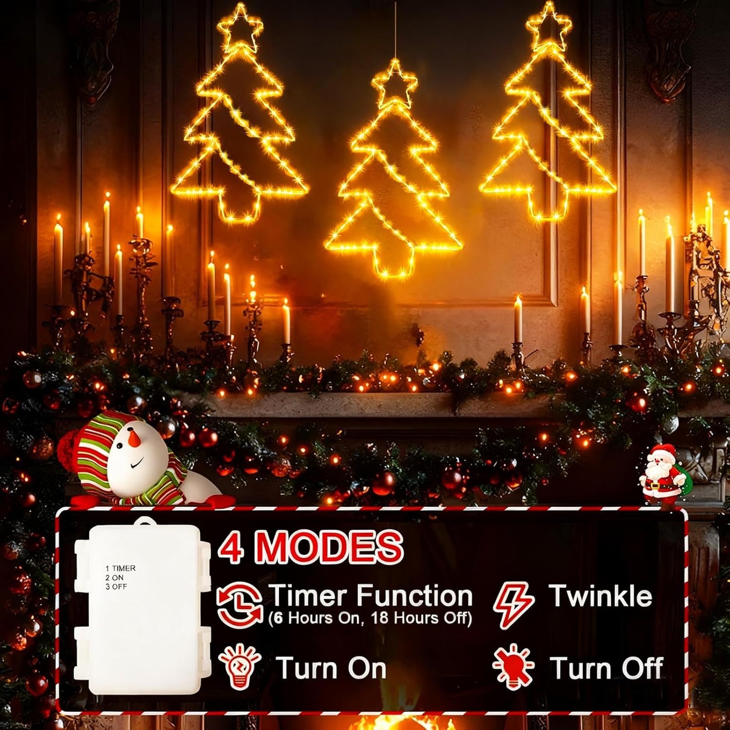 yowin Christmas Window Lights 3 Pack Large Metal Xmas Star Tree Snowflake Lights Battery Operated with Timer, Window Light IP65 Waterproof Hanging LED Star Light for Indoor Outdoor Door Decorations