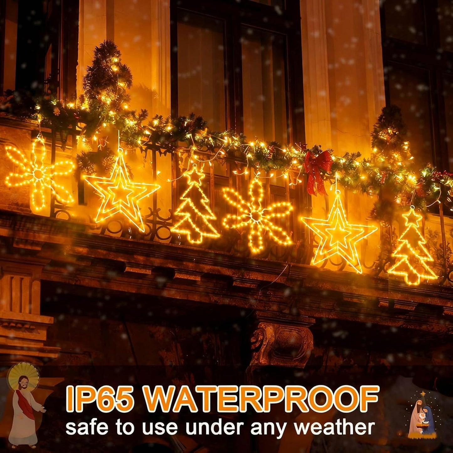 yowin Christmas Window Lights 3 Pack Large Metal Xmas Star Tree Snowflake Lights Battery Operated with Timer, Window Light IP65 Waterproof Hanging LED Star Light for Indoor Outdoor Door Decorations