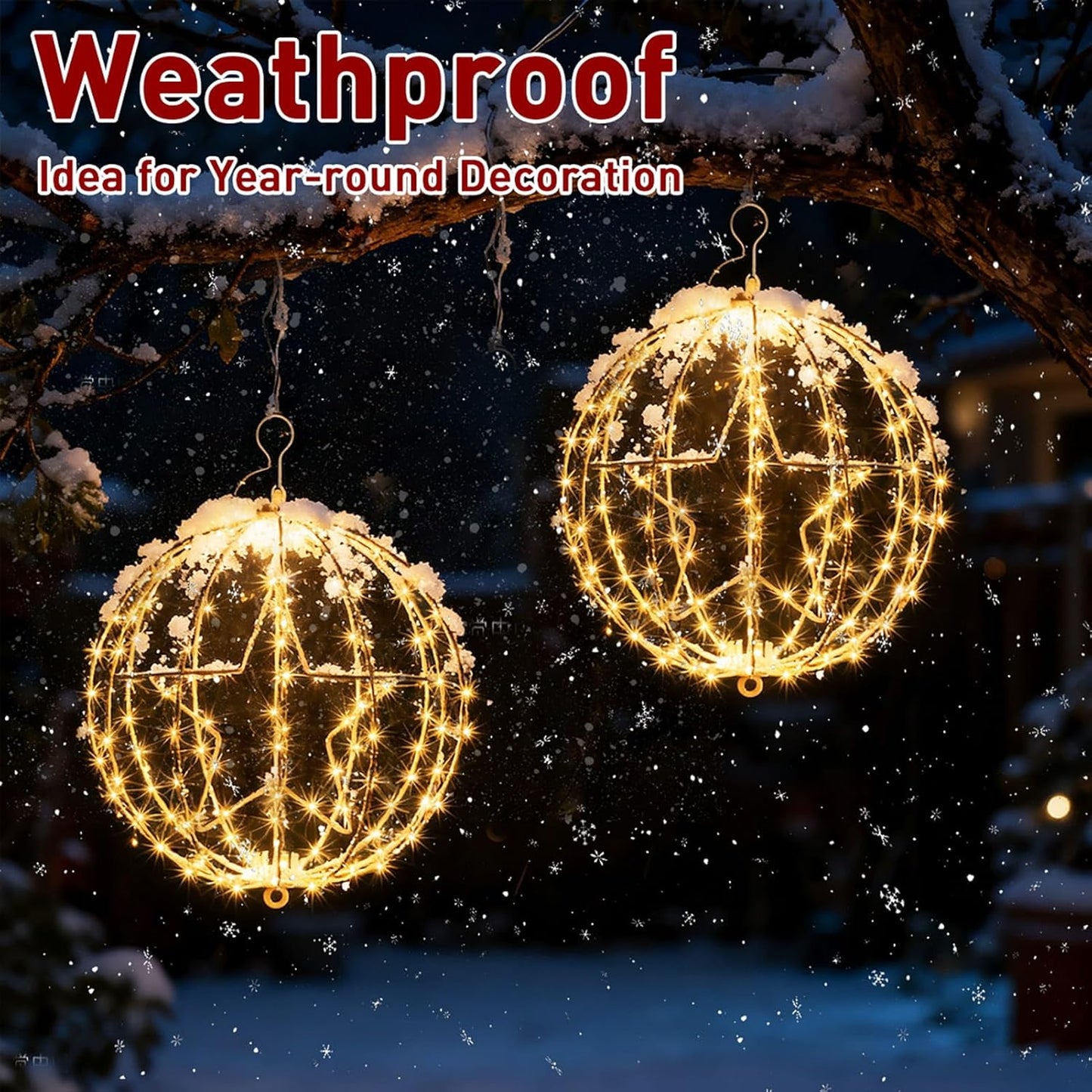 yowin 2 Pack Christmas Star Hanging Ball Lights 30CM 200 LED Plug in Window Lights with Timer, 8 Modes Large Xmas Sphere Light Outdoor Light Up Balls for Door Patio Room Decorations - White Frame