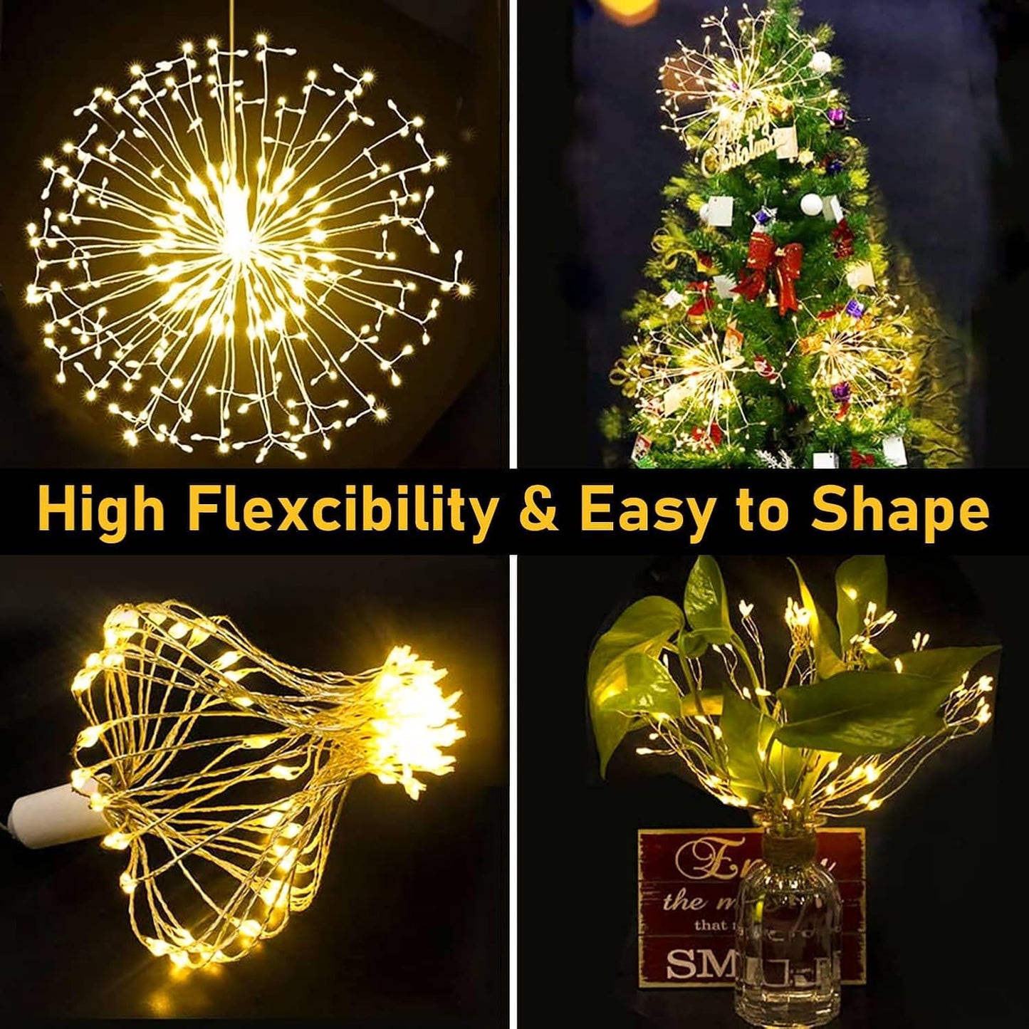 yowin Hanging Christmas Firework Lights 2 Pack 198 LED Starburst Lights Battery Operated, 8 Modes Waterproof Hanging Christmas Ball Lights with Remote for Porch Xmas Tree Outdoor Indoor Decorations