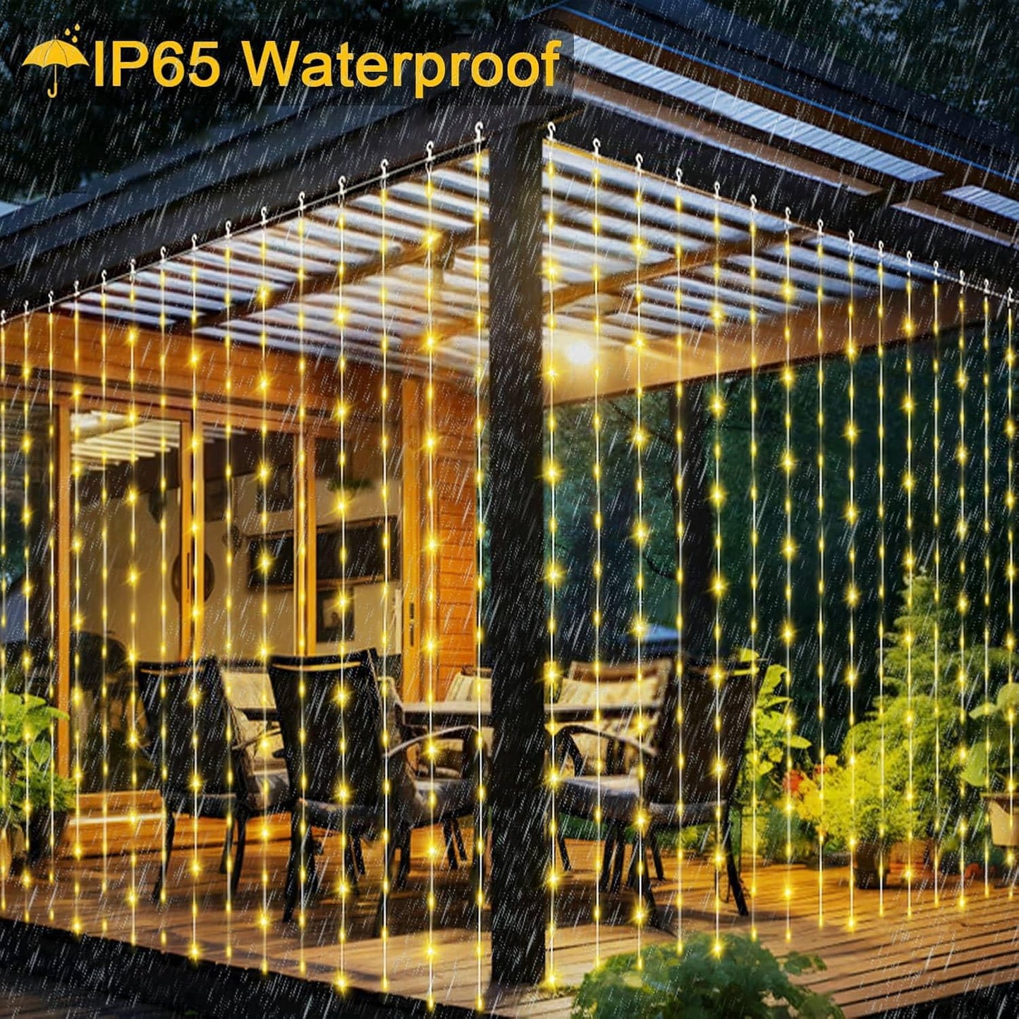 yowin Solar Curtain Lights 3x3M 300 LED Gazebo Lights with Remote, 8 Modes Garden Wall Fairy Lights IP65 Waterproof Pergola Lights, Waterfall Lights for Party Balcony Patio Decorations -Warm White