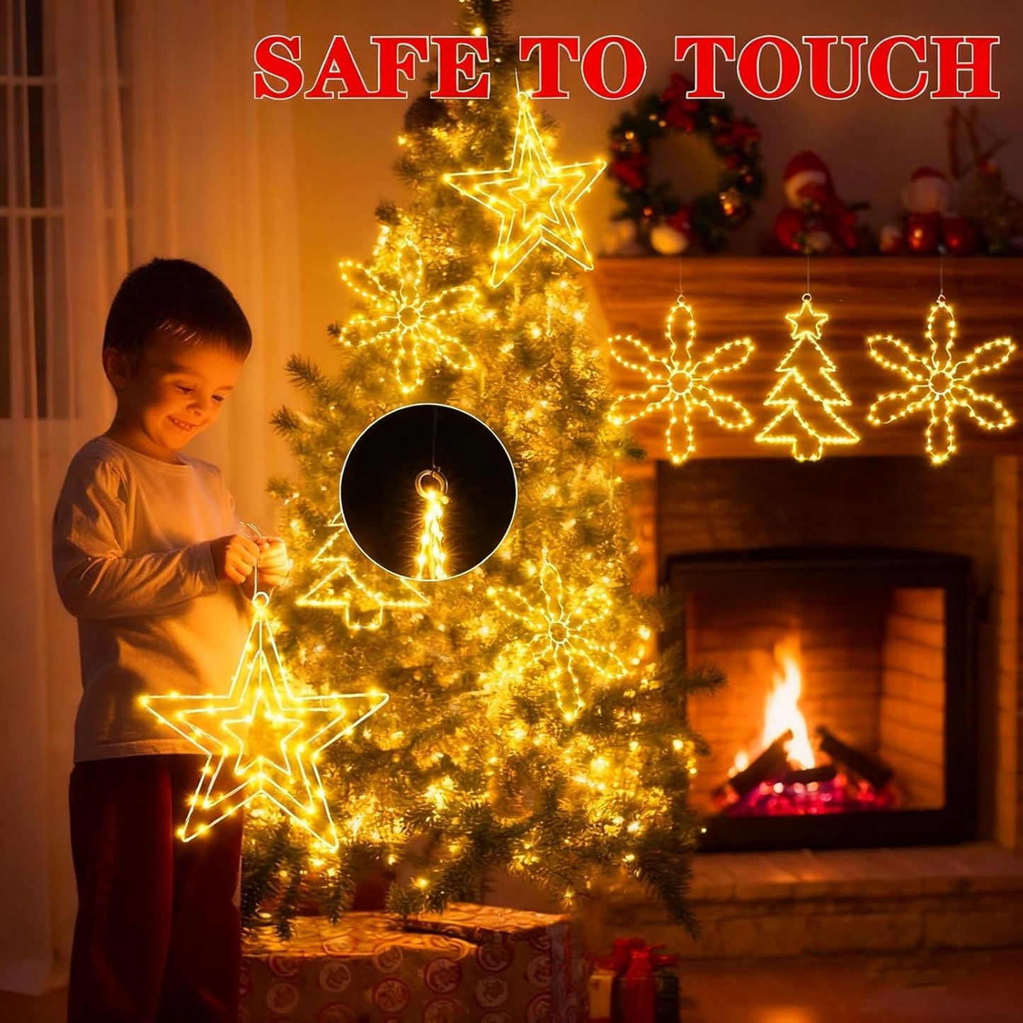 yowin Christmas Window Lights 3 Pack Large Metal Xmas Star Tree Snowflake Lights Battery Operated with Timer, Window Light IP65 Waterproof Hanging LED Star Light for Indoor Outdoor Door Decorations