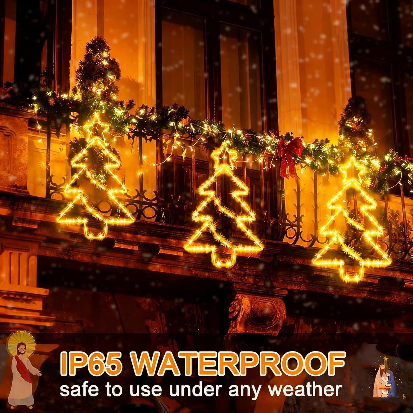 yowin Christmas Window Lights 3 Pack Large Metal Xmas Star Tree Snowflake Lights Battery Operated with Timer, Window Light IP65 Waterproof Hanging LED Star Light for Indoor Outdoor Door Decorations