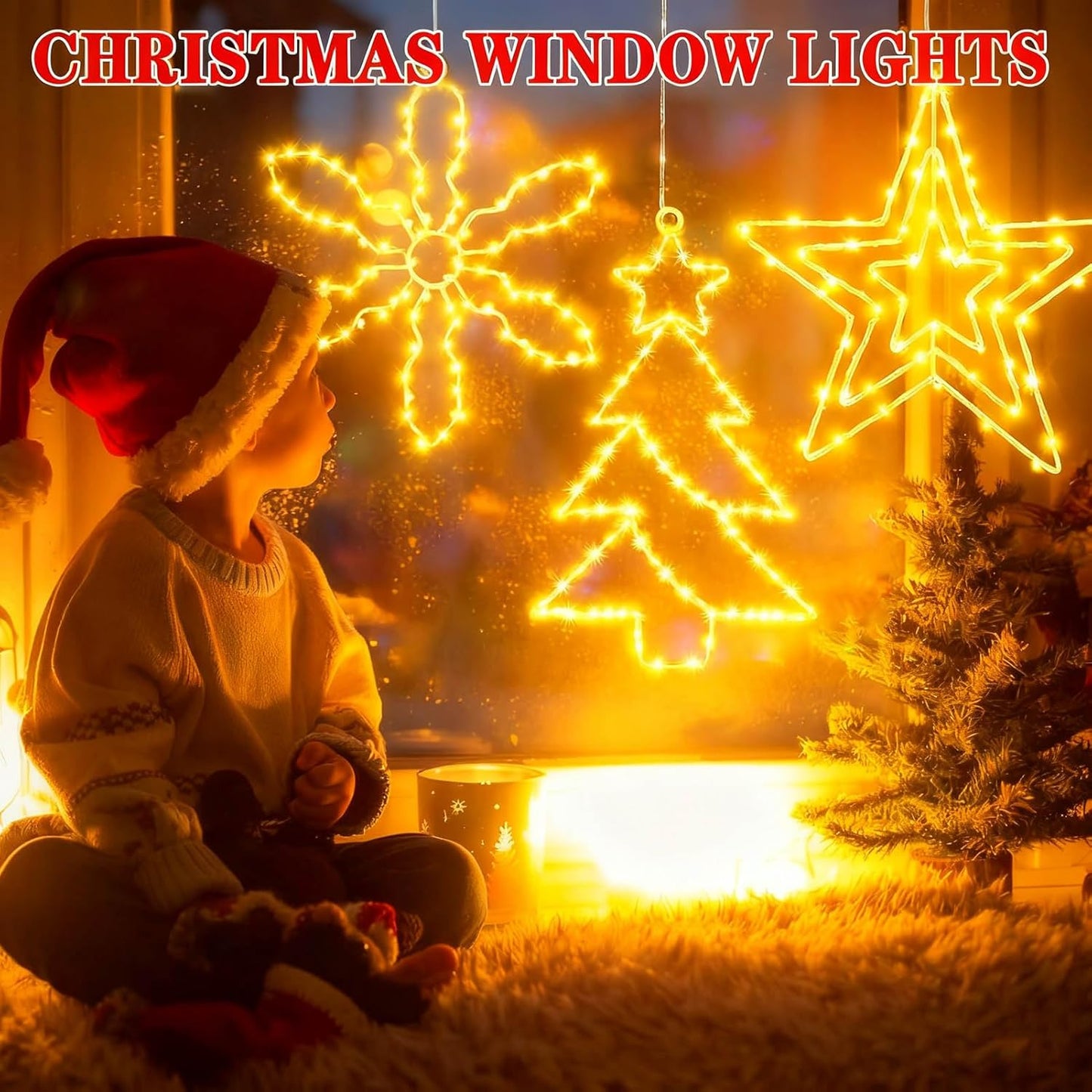 yowin Christmas Window Lights 3 Pack Large Metal Xmas Star Tree Snowflake Lights Battery Operated with Timer, Window Light IP65 Waterproof Hanging LED Star Light for Indoor Outdoor Door Decorations