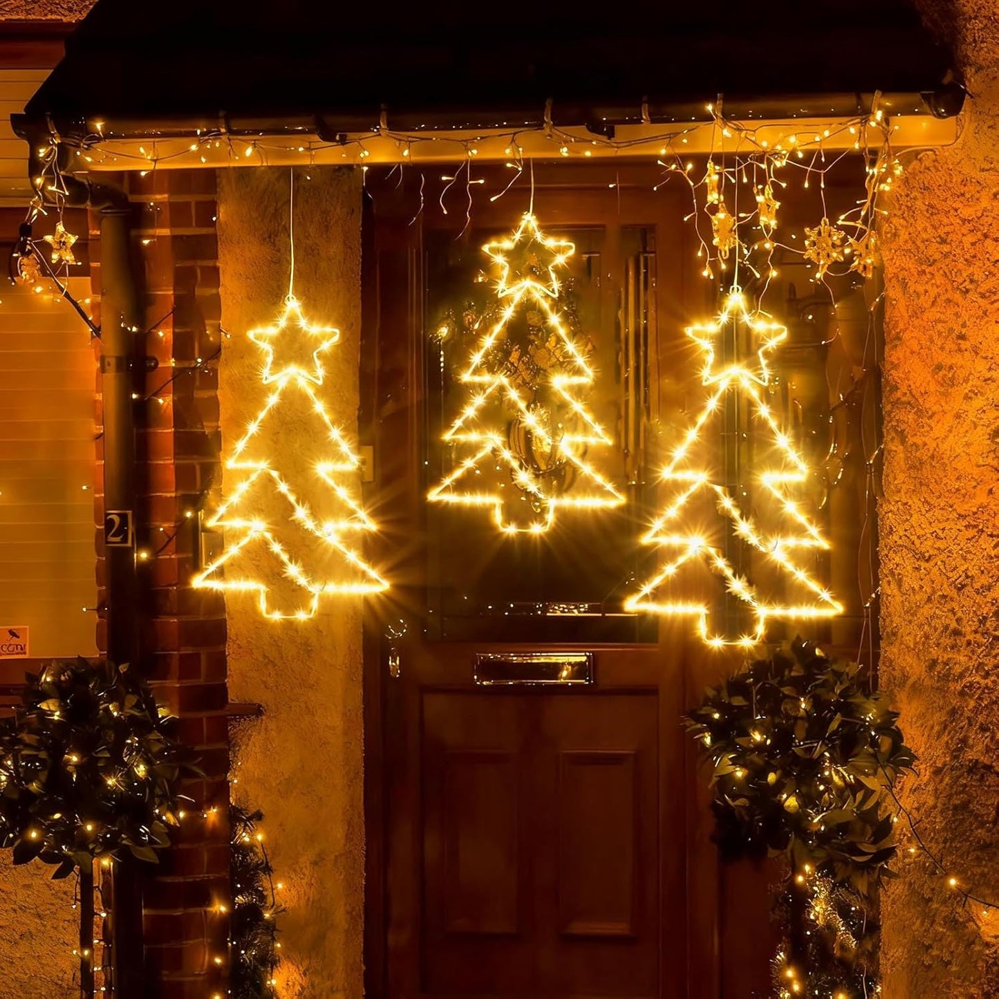 yowin Christmas Window Lights 3 Pack Large Metal Xmas Star Tree Snowflake Lights Battery Operated with Timer, Window Light IP65 Waterproof Hanging LED Star Light for Indoor Outdoor Door Decorations