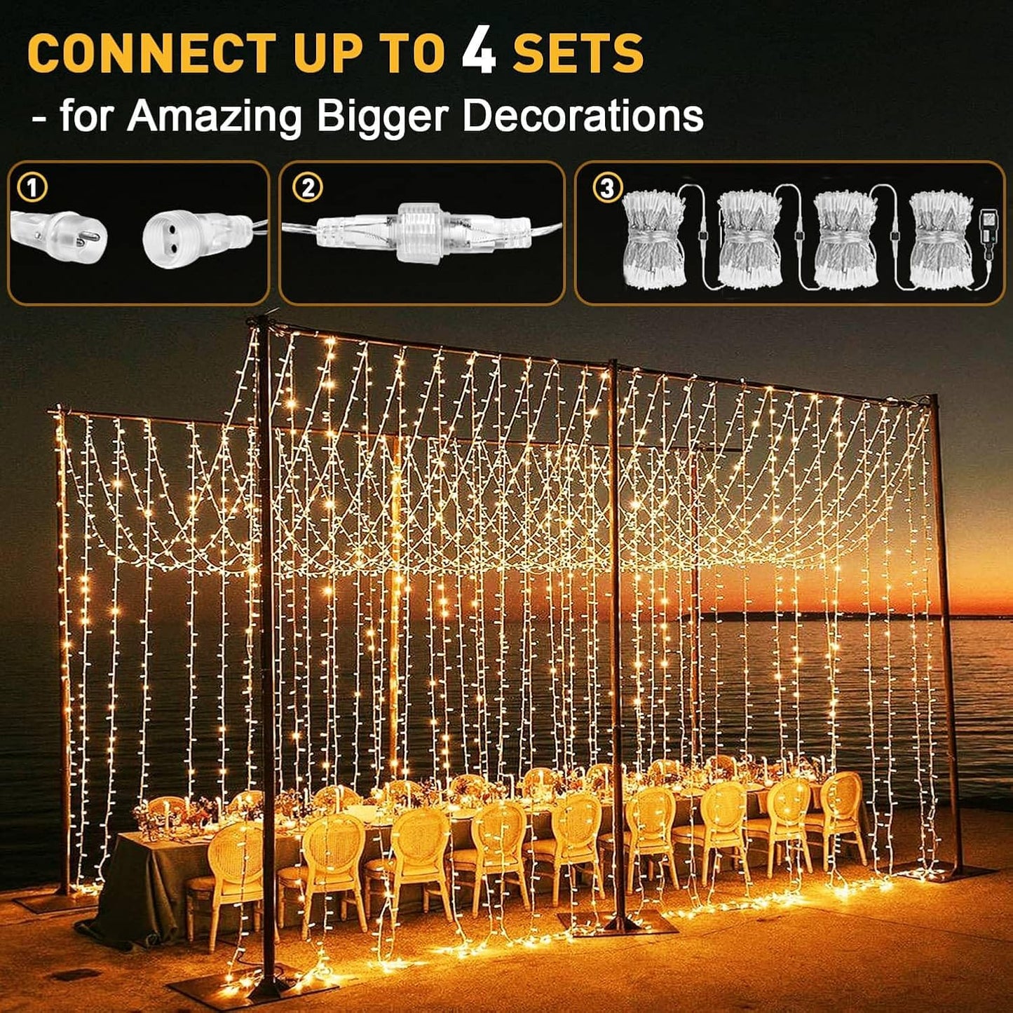 yowin Curtain Lights 3x3M 300 LED Plug in Christmas Curtain Lights, 8 Modes Waterproof Curtain Fairy Lights Connectable Wall Lights for Xmas Bedroom Wedding Gazebo Garden Indoor Outdoor Decorations