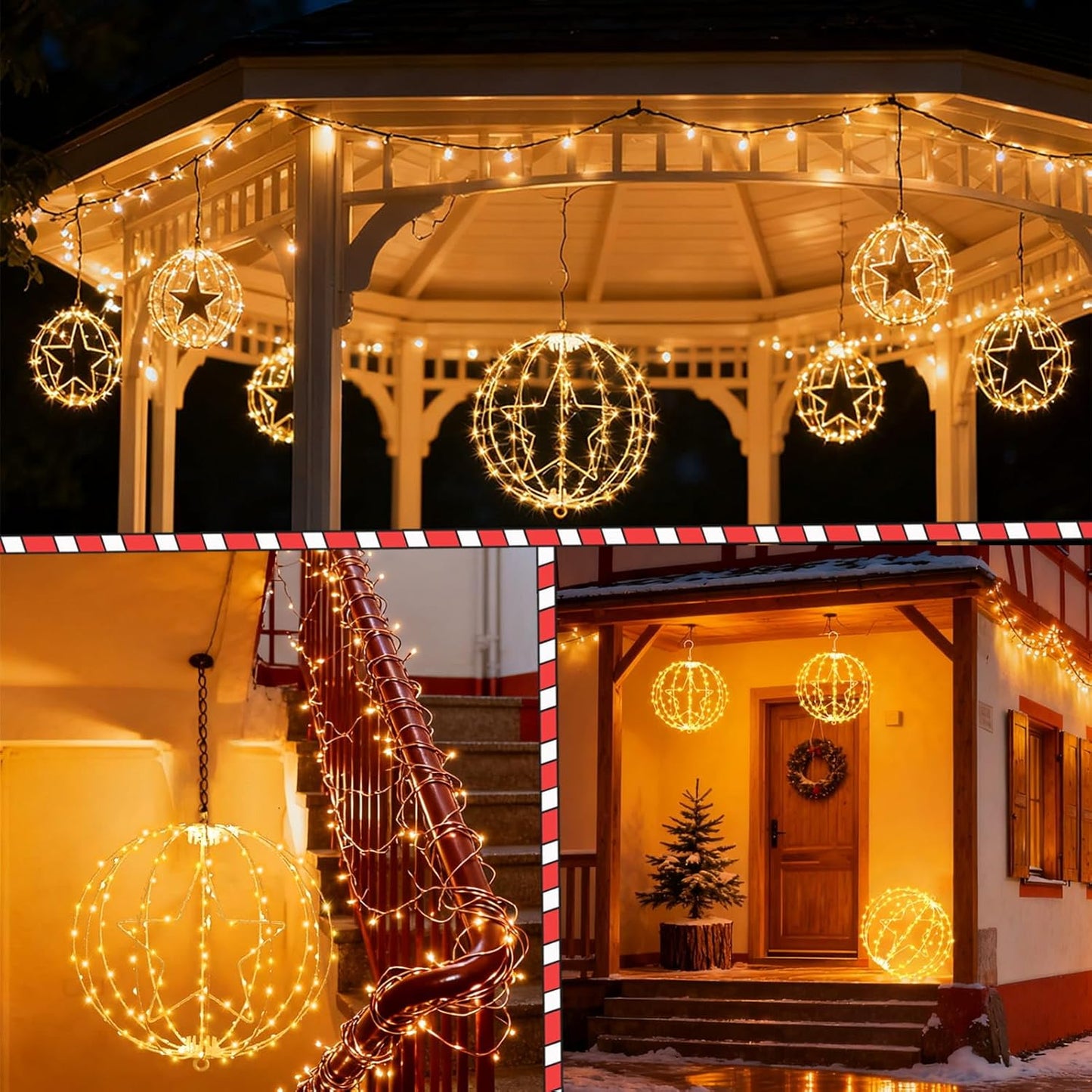 yowin 2 Pack Christmas Star Hanging Ball Lights 30CM 200 LED Plug in Window Lights with Timer, 8 Modes Large Xmas Sphere Light Outdoor Light Up Balls for Door Patio Room Decorations - White Frame