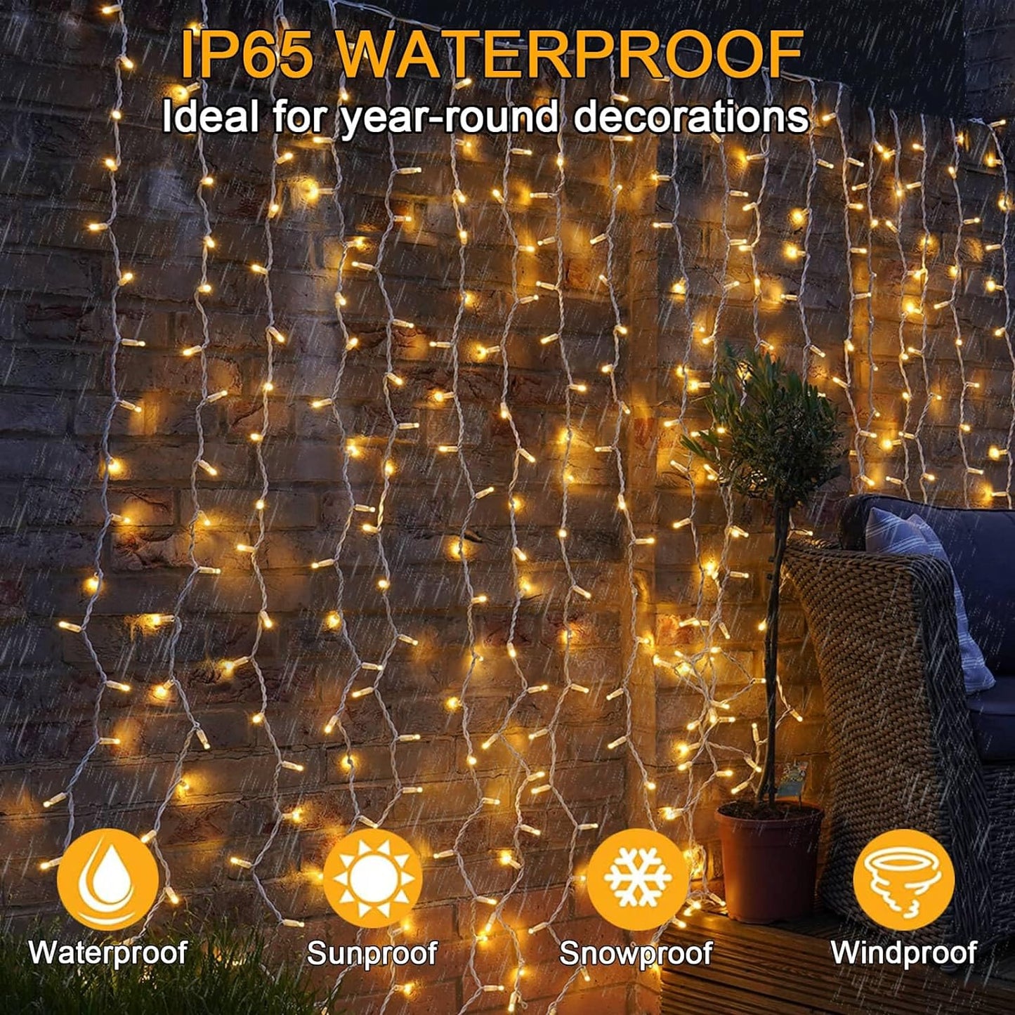 Yowin Curtain Lights 600 LED 6m x 3m Christmas Window Lights, 8 Modes Plug in Curtain Fairy Lights Outdoor Waterproof Waterfall