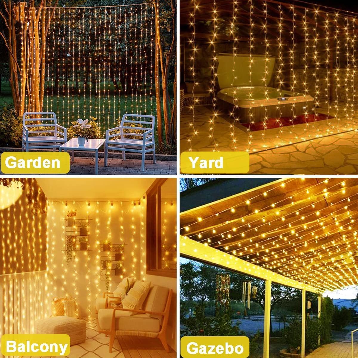 yowin Solar Curtain Lights 3x3M 300 LED Gazebo Lights with Remote, 8 Modes Garden Wall Fairy Lights IP65 Waterproof Pergola Lights, Waterfall Lights for Party Balcony Patio Decorations -Warm White